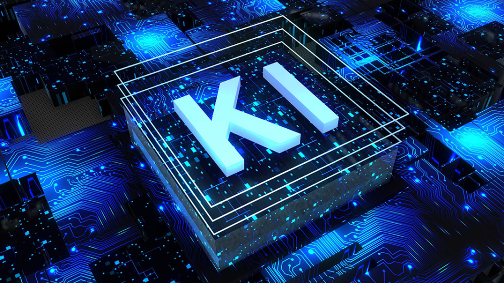 abstrakter Prozessor auf Leiterplatte, Computer-Digitalchip, Technologiekonzept mit dem Schriftzug KI