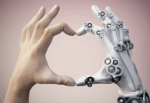 Menschen- und Roboterhände bilden zusammen eine Herzform. KI und menschliches Kollaborationskonzept, KI-Connect