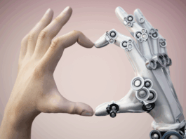 Menschen- und Roboterhände bilden zusammen eine Herzform. KI und menschliches Kollaborationskonzept, KI-Connect
