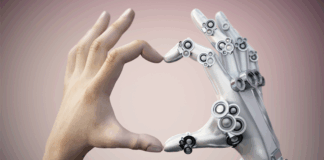 Menschen- und Roboterhände bilden zusammen eine Herzform. KI und menschliches Kollaborationskonzept, KI-Connect