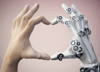 Menschen- und Roboterhände bilden zusammen eine Herzform. KI und menschliches Kollaborationskonzept, KI-Connect