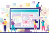 Business-Team arbeitet gemeinsam am Webseiten-Design. Personen, die eine Website-Schnittstelle auf dem Computer erstellen. Webentwicklung, Teamarbeit, neues Internetprojekt.