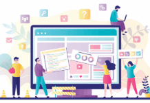 Business-Team arbeitet gemeinsam am Webseiten-Design. Personen, die eine Website-Schnittstelle auf dem Computer erstellen. Webentwicklung, Teamarbeit, neues Internetprojekt.