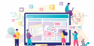 Business-Team arbeitet gemeinsam am Webseiten-Design. Personen, die eine Website-Schnittstelle auf dem Computer erstellen. Webentwicklung, Teamarbeit, neues Internetprojekt.