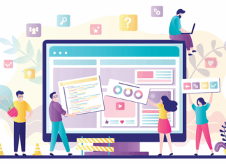 Business-Team arbeitet gemeinsam am Webseiten-Design. Personen, die eine Website-Schnittstelle auf dem Computer erstellen. Webentwicklung, Teamarbeit, neues Internetprojekt.