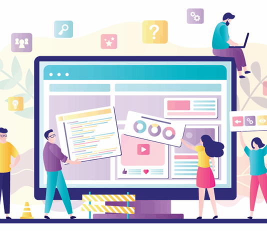 Business-Team arbeitet gemeinsam am Webseiten-Design. Personen, die eine Website-Schnittstelle auf dem Computer erstellen. Webentwicklung, Teamarbeit, neues Internetprojekt.