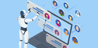 Symbolbild für KI in HR, Roboter bearbeitet Personaldaten.