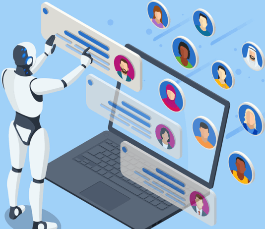 Symbolbild für KI in HR, Roboter bearbeitet Personaldaten.