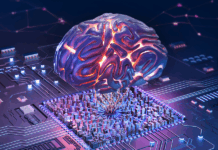 Digital generiertes Bild eines künstlich intelligenten menschlichen Gehirns über der Leiterplatte