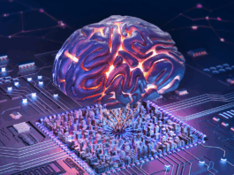 Digital generiertes Bild eines künstlich intelligenten menschlichen Gehirns über der Leiterplatte