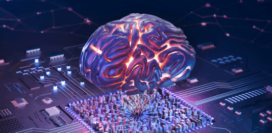 Digital generiertes Bild eines künstlich intelligenten menschlichen Gehirns über der Leiterplatte