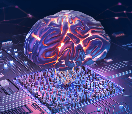 Digital generiertes Bild eines künstlich intelligenten menschlichen Gehirns über der Leiterplatte