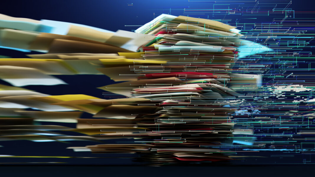 A high-speed conceptual 3D render of a towering paper stack converting into digital data streams, illustrating document scanning, information flow, workflow automation and the shift from paper to cloud storage. Ein hochgeschwindigkeits-konzeptionelles 3D-Rendering eines riesigen Papierstapels, der in digitale Datenströme umgewandelt wird und Dokumentenscanning, Informationsfluss, Workflow-Automatisierung und den Wechsel von Papier zu Cloud-Speicher illustriert.