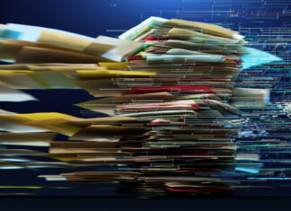 KI-Strategie scheitert am Aktenschrank Ein hochgeschwindigkeits-konzeptionelles 3D-Rendering eines riesigen Papierstapels, der in digitale Datenströme umgewandelt wird und Dokumentenscanning, Informationsfluss, Workflow-Automatisierung und den Wechsel von Papier zu Cloud-Speicher illustriert.