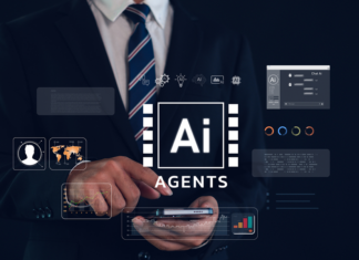 KI-Agenten-Technologiekonzept mit Geschäftsmann, der Smartphone und digitale Schnittstelle nutzt, repräsentiert künstliche Intelligenz, Automatisierung von maschinellem Lernen und intelligente Geschäftslösungen.