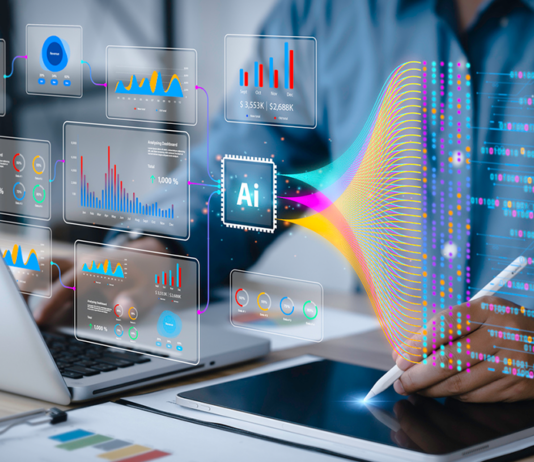 KI-Pioniere bei amedes: Wie ein Labordienstleister KI in die Fachbereiche bringt Datenanalyse, Wissenschaft und Big Data mit KI-Technologie. Ein Analyst oder Wissenschaftler verwendet einen Computer und ein Dashboard für die Analyse von Informationen über komplexe Datensätze auf dem Computer. Entwicklungsingenieur für Einblicke